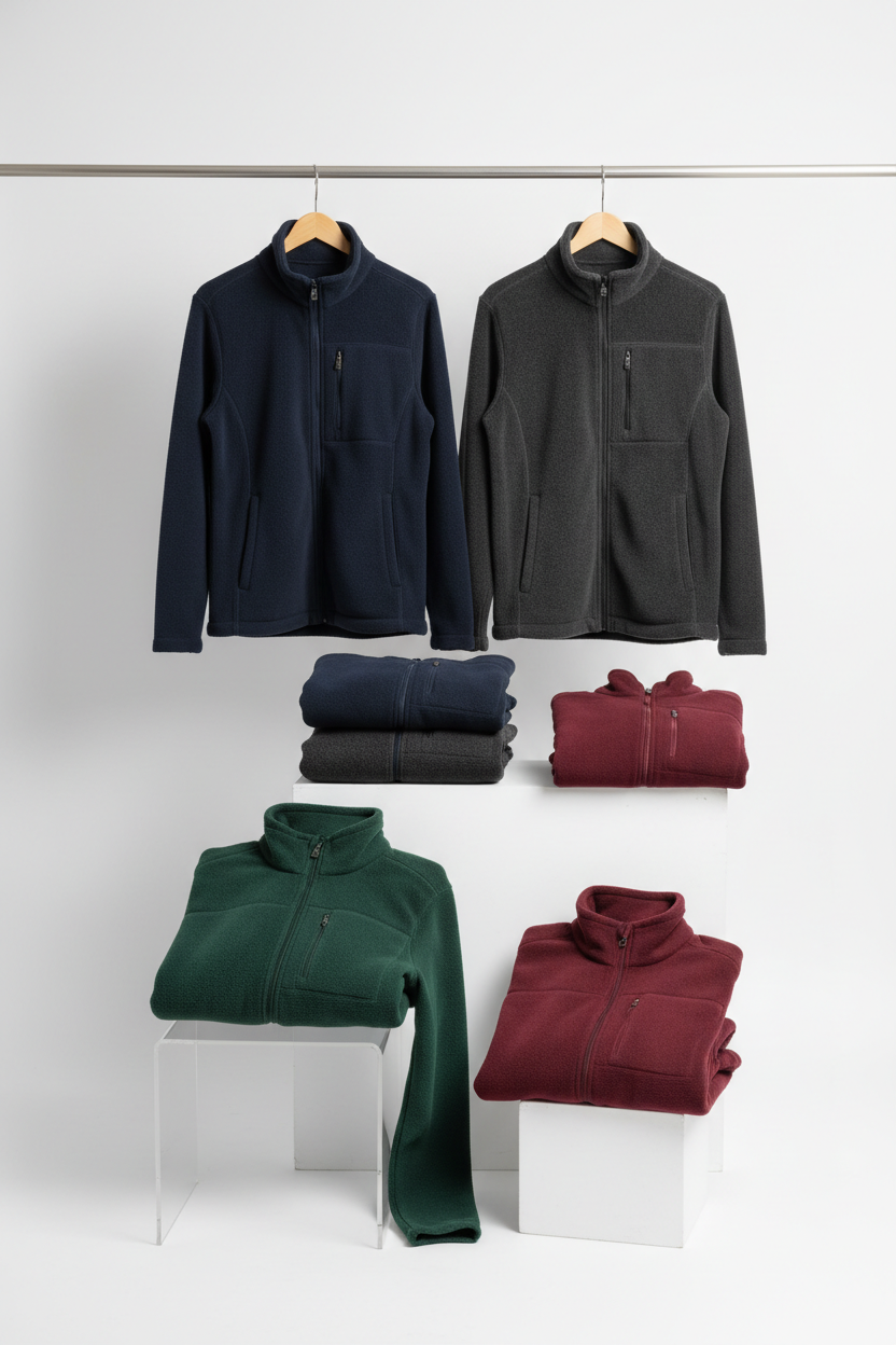 generate a vertical image of 1800hx1500w px in which we have a selection of fleece jackets nicely diplayed