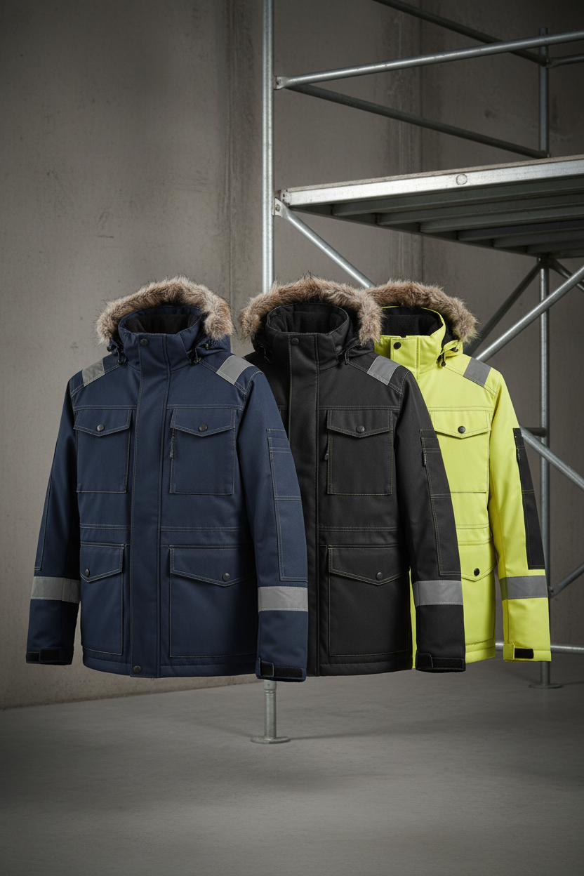 generate a vertical image with winter jackets for workwear