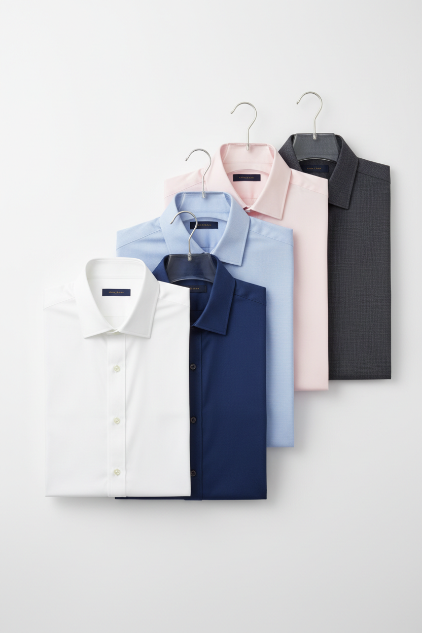 generate a vertical image, the image has to be for a selection of business shirts, diffrent colors 